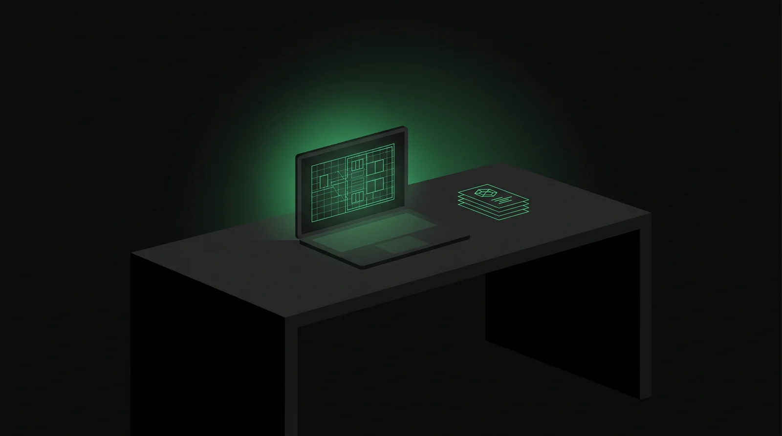 An architect's desk at night with a data center floor plan on screen, a certification exam interface open beside it, and a small stack of physical credential badges