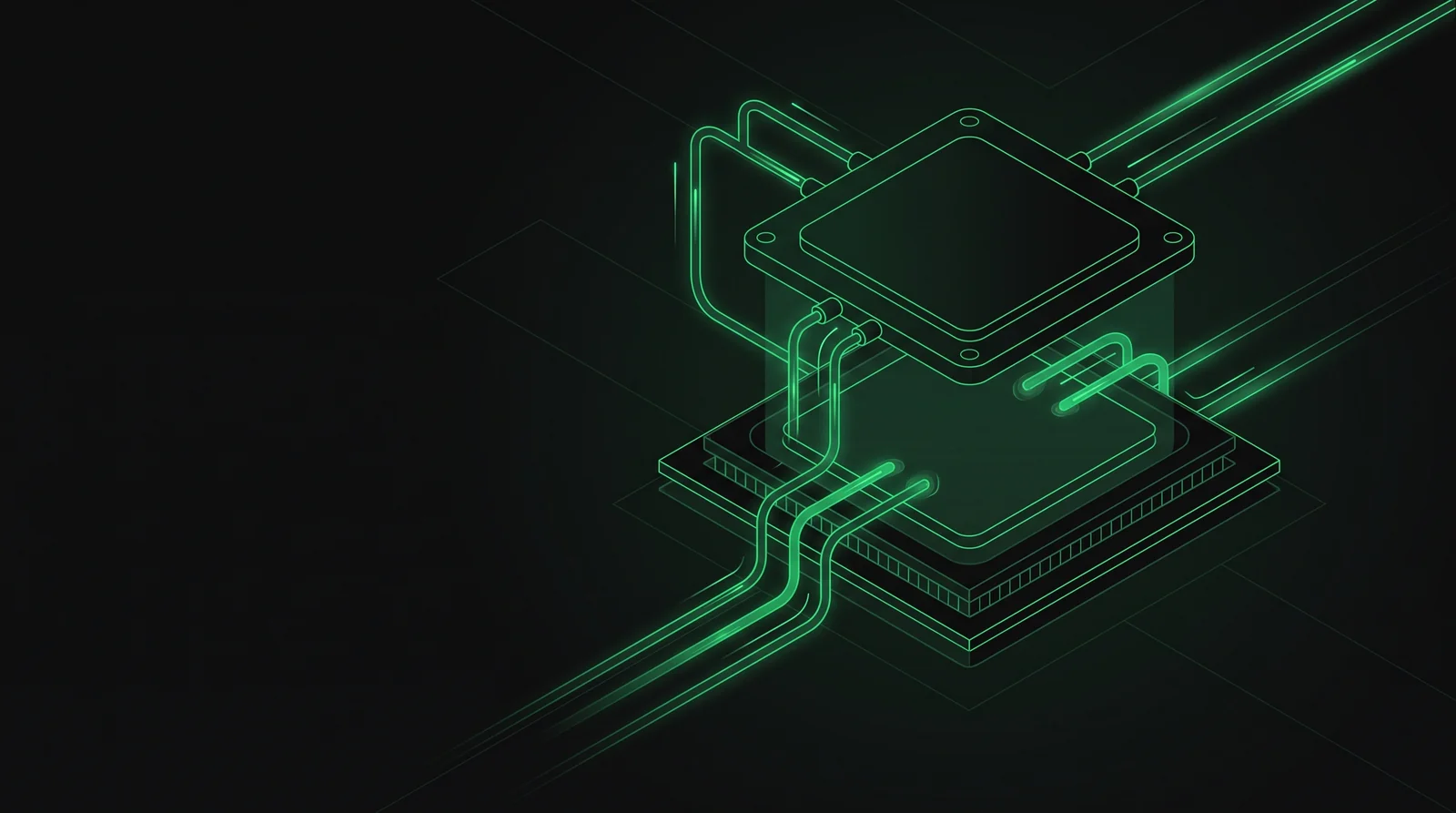 A cutaway diagram of a server rack showing direct-to-chip liquid cooling tubes running to a processor, glowing green coolant lines against a dark background
