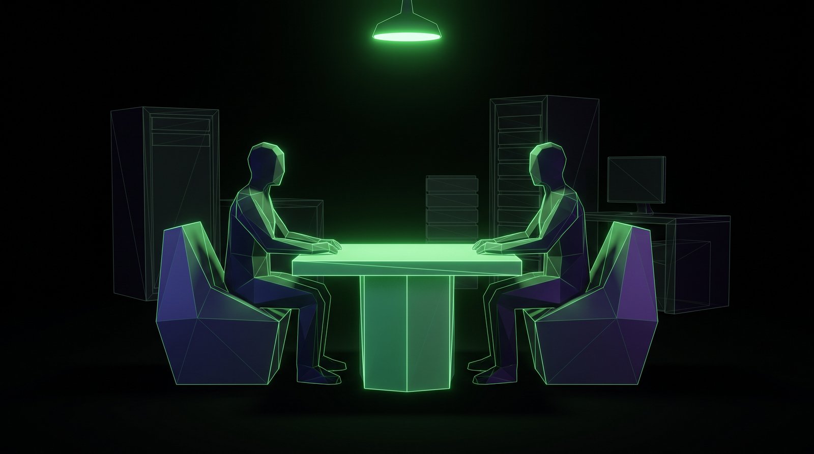 Two silhouetted figures across a glowing green table in an interview setting inside a data center