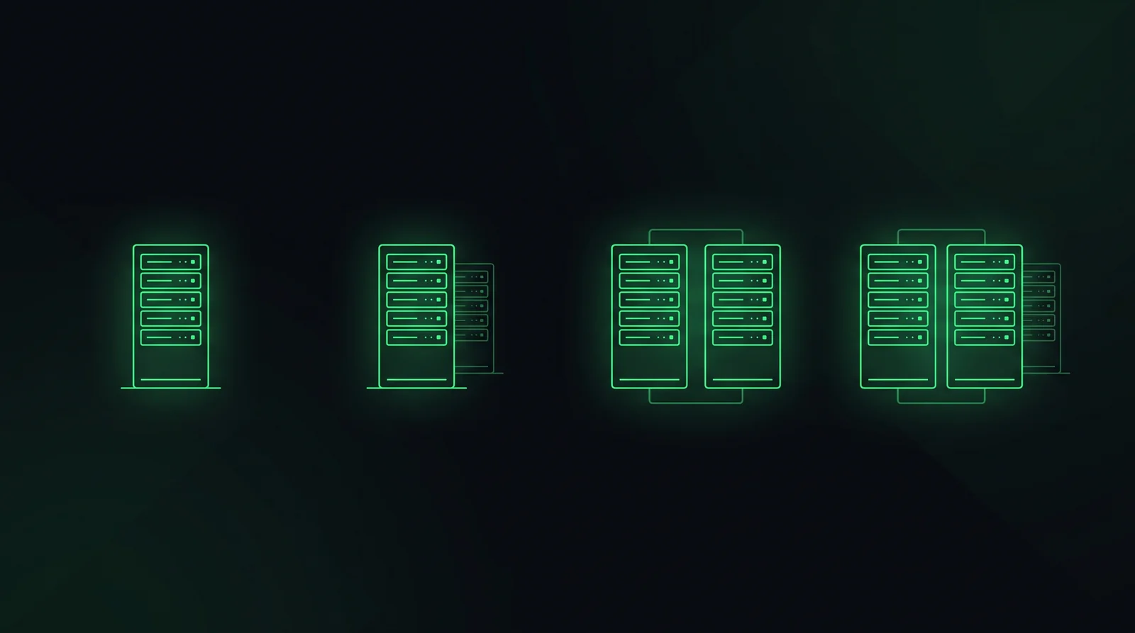 Four minimal server rack icons in glowing green line art, showing an increasing number of duplicate backup racks from N through 2N+1